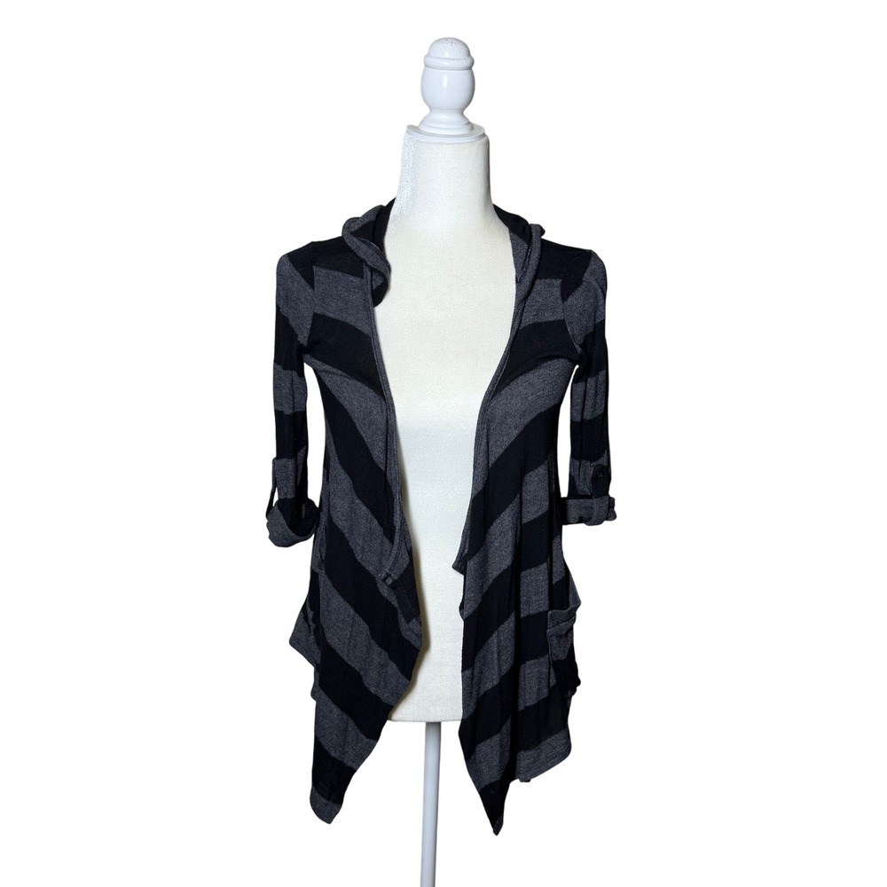 Full Tilt Striped Hooded Cardigan Wrap Sweater Black & Gray With Pockets Size S‎